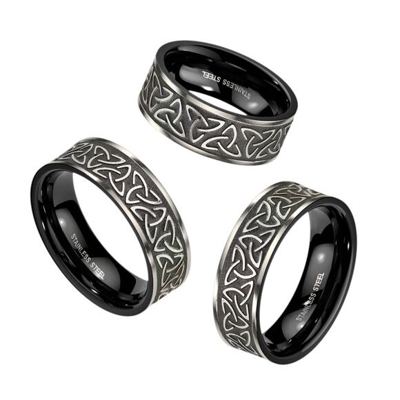Tribal Celtic Trinity Knot Black Stainless‎ Steel Ring 8mm  width Size 13 - Picture 1 of 3